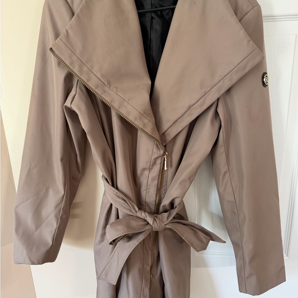 Calvin Klein Taupe-Brown Trench Coat with Tie Waist and Gold Zip